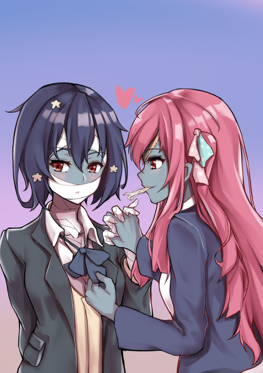 2girls, absurdres, bandage, bangs, black_hair, blush, bow, closed_mouth, commentary_request, eyebrows_visible_through_hair, grabbing, hair_between_eyes, hair_bow, hair_ornament, hand_holding, highres, iku!_iku!!, interlocked_fingers, jacket, long_hair, long_sleeves, looking_at_another, looking_away, minamoto_sakura, mizuno_ai, multiple_girls, open_mouth, pink_hair, polka_dot, polka_dot_bow, red_eyes, ribbon, scar, school_uniform, short_hair, side_ponytail, simple_background, smile, yuri, zombie, zombie_land_saga