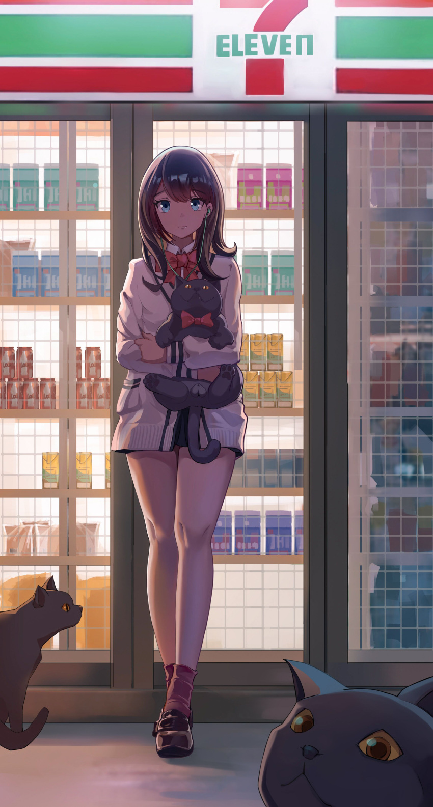 1girl, 7-eleven, absurdres, bangs, black_cat, black_hair, black_skirt, blackcat_enjia