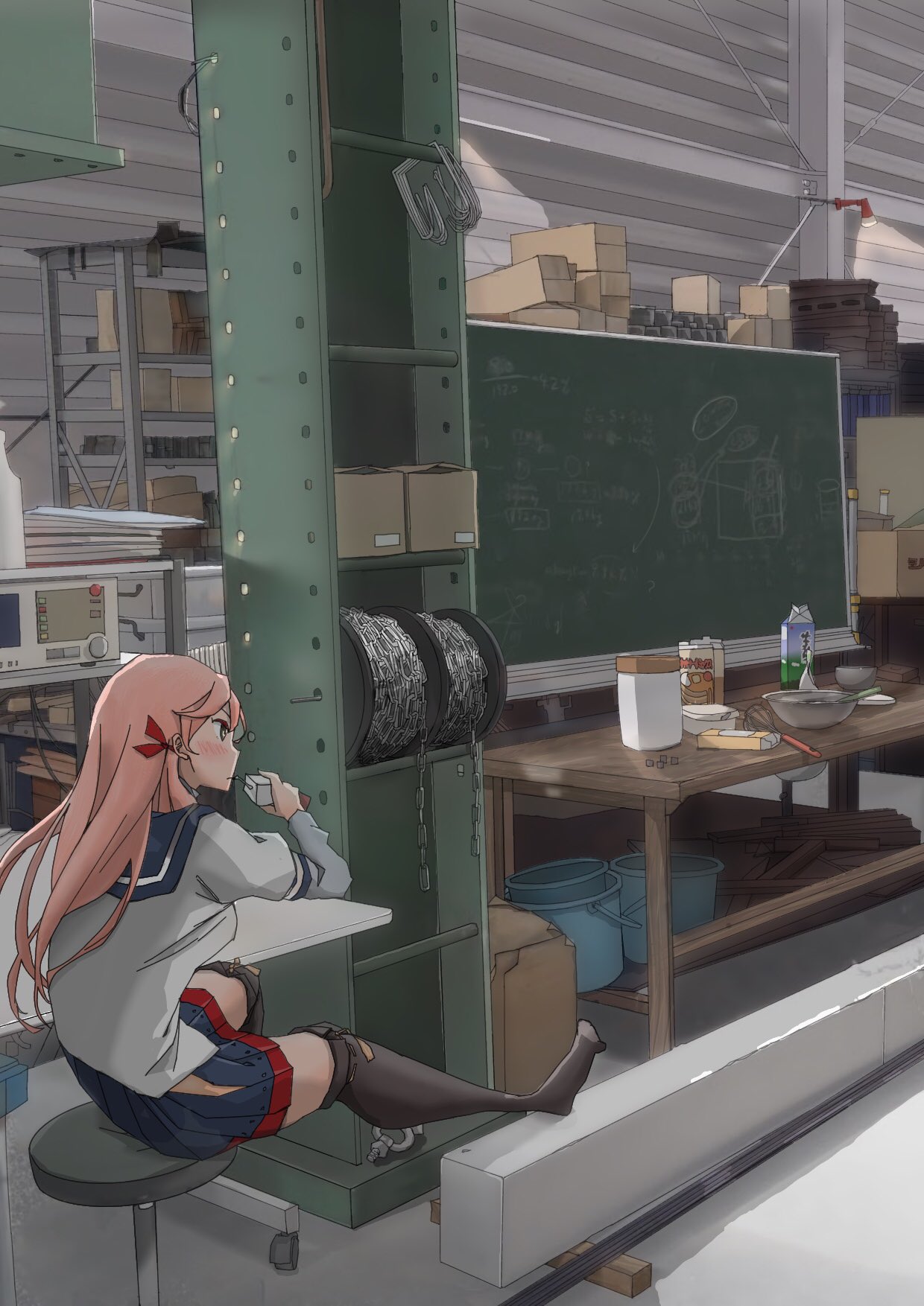 1girl, akashi_(kantai_collection), artist_request, blue_sailor_collar, blue_skirt, blush, bowl, box