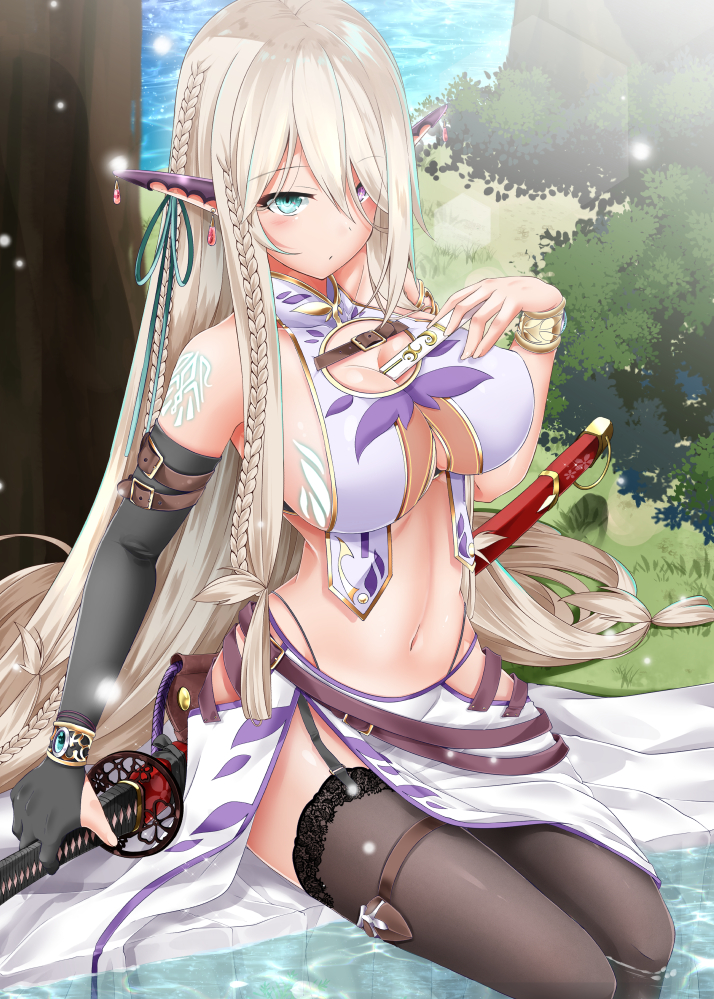 1girl, arm_belt, bangs, bare_shoulders, belt, between_breasts, black_gloves, black_legwear