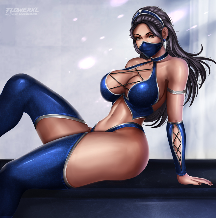 1girl, black_hair, blue_legwear, breasts, brown_eyes, cleavage, copyright_request, earrings