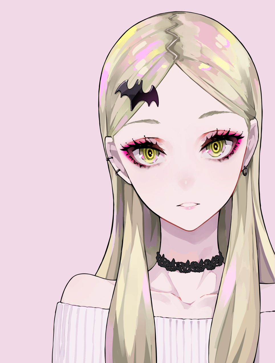 1girl, bangs, bare_shoulders, bat_hair_ornament, collarbone, commentary_request, ear_piercing, earrings