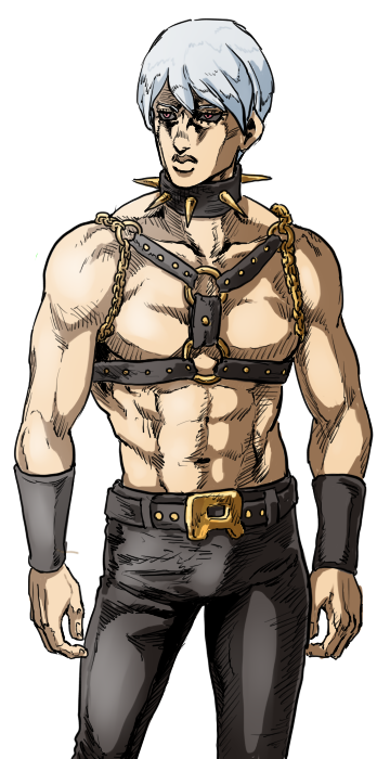 1boy, bare_chest, black_sclera, cosplay, full_body, gachimuchi, jojo_no_kimyou_na_bouken, parody, red_eyes, risotto_nero, silver_hair, solo, van_darkholme, van_darkholme_(cosplay), vento_aureo