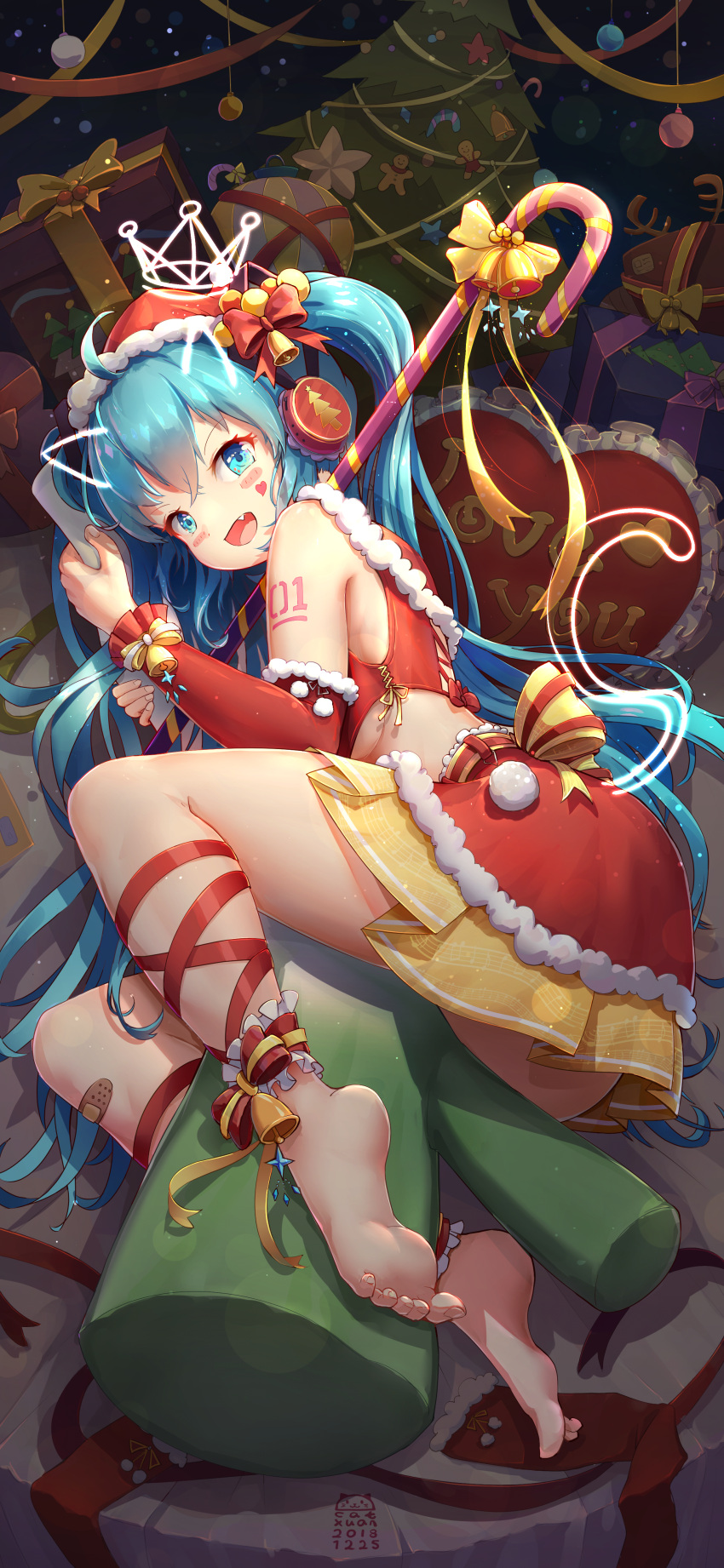 1girl, absurdres, ahoge, ankle_bow, ankle_lace-up, ankle_ribbon, artist_name, bandaid_on_leg