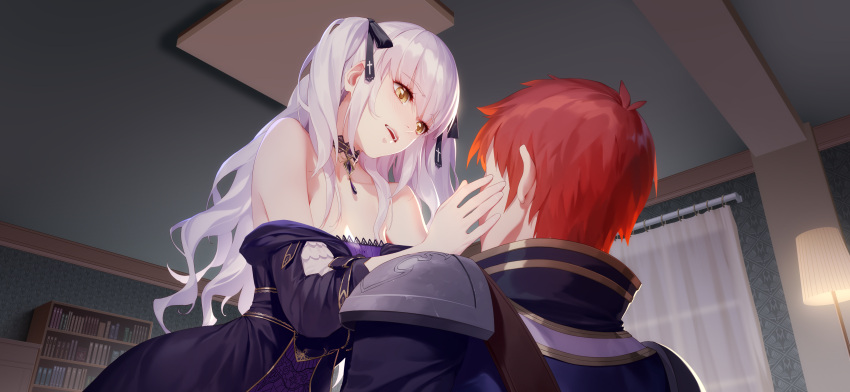 1boy, 1girl, absurdres, bangs, bare_shoulders, black_dress, blush, brown_eyes