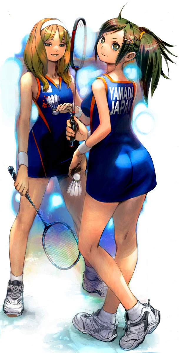 2girls, akiman, ass, badminton, badminton_racket, blonde_hair, brown_hair, hairband, highres, multiple_girls, original, racket, shoes, shuttlecock, sneakers, yasuda_akira