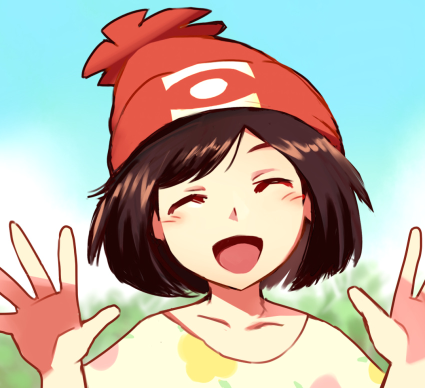 1girl, arms_up, beanie, blurry, blush, brown_hair, closed_eyes, clouds