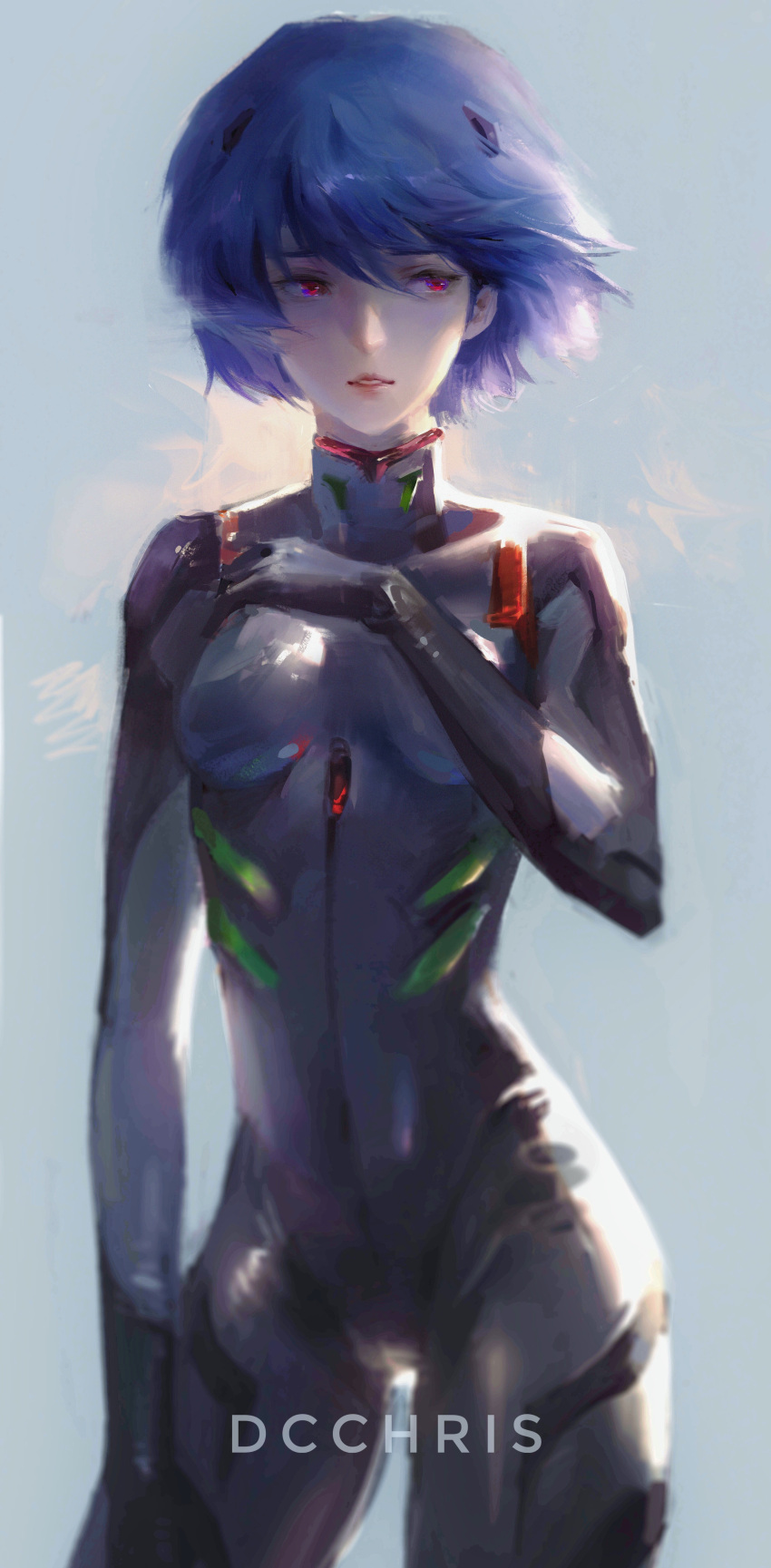 1girl, absurdres, artist_name, ayanami_rei, blue_hair, dcchris, highres, neon_genesis_evangelion