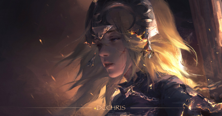 1girl, absurdres, artist_name, blonde_hair, burning, chains, character_name, dcchris