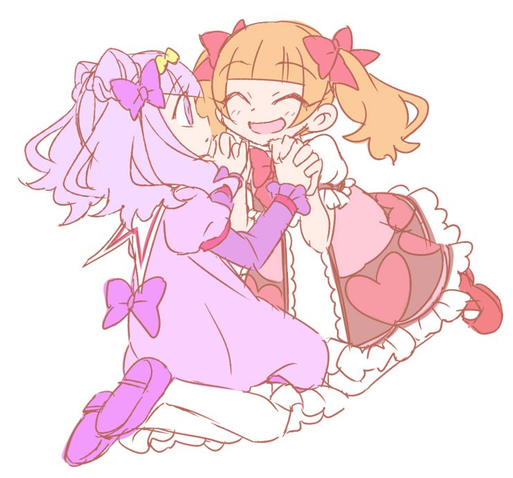 2girls, ^_^, aisaki_emiru, bow, child, closed_eyes, double_bun, dress