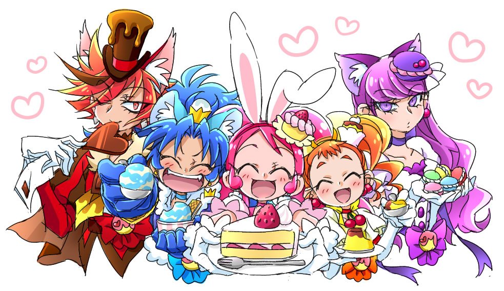 5girls, ^_^, animal_ear_fluff, animal_ears, arisugawa_himari, blue_hair, bow, cat_ears