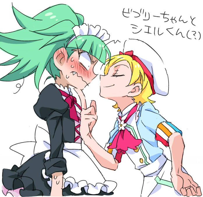 1boy, 1girl, apron, biburi_(precure), blonde_hair, blush, bow, fang