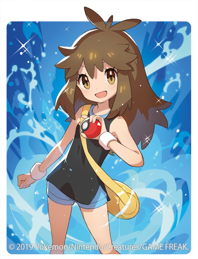1girl, 2019, bag, black_shirt, blue_(pokemon), blue_shorts, brown_eyes, brown_hair