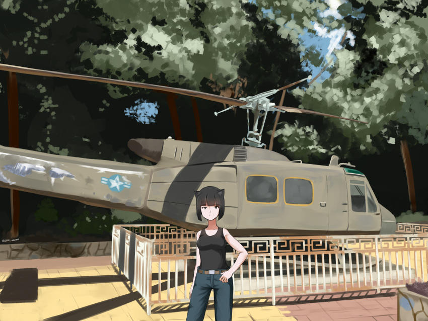 1girl, absurdres, aircraft, animal_ears, axis_powers_hetalia, black_eyes, black_hair, bob_cut