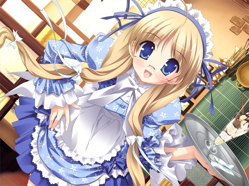 apron, blonde_hair, blue_eyes, dress, food, frills, game_cg, glasses