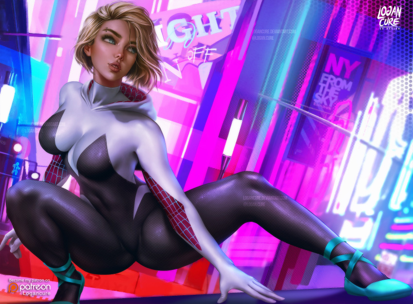 1girl, aqua_eyes, artist_name, bangs, blonde_hair, blue_footwear, bodysuit, breasts