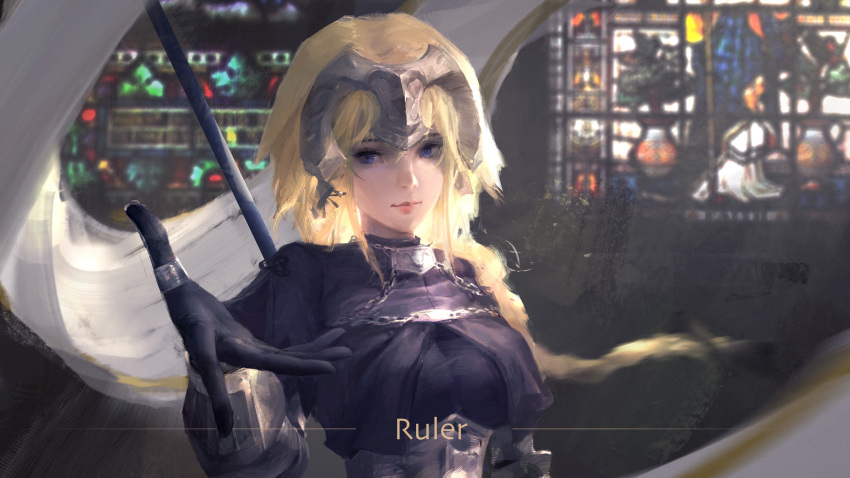 1girl, absurdres, armor, blonde_hair, blue_eyes, chains, corset, dcchris