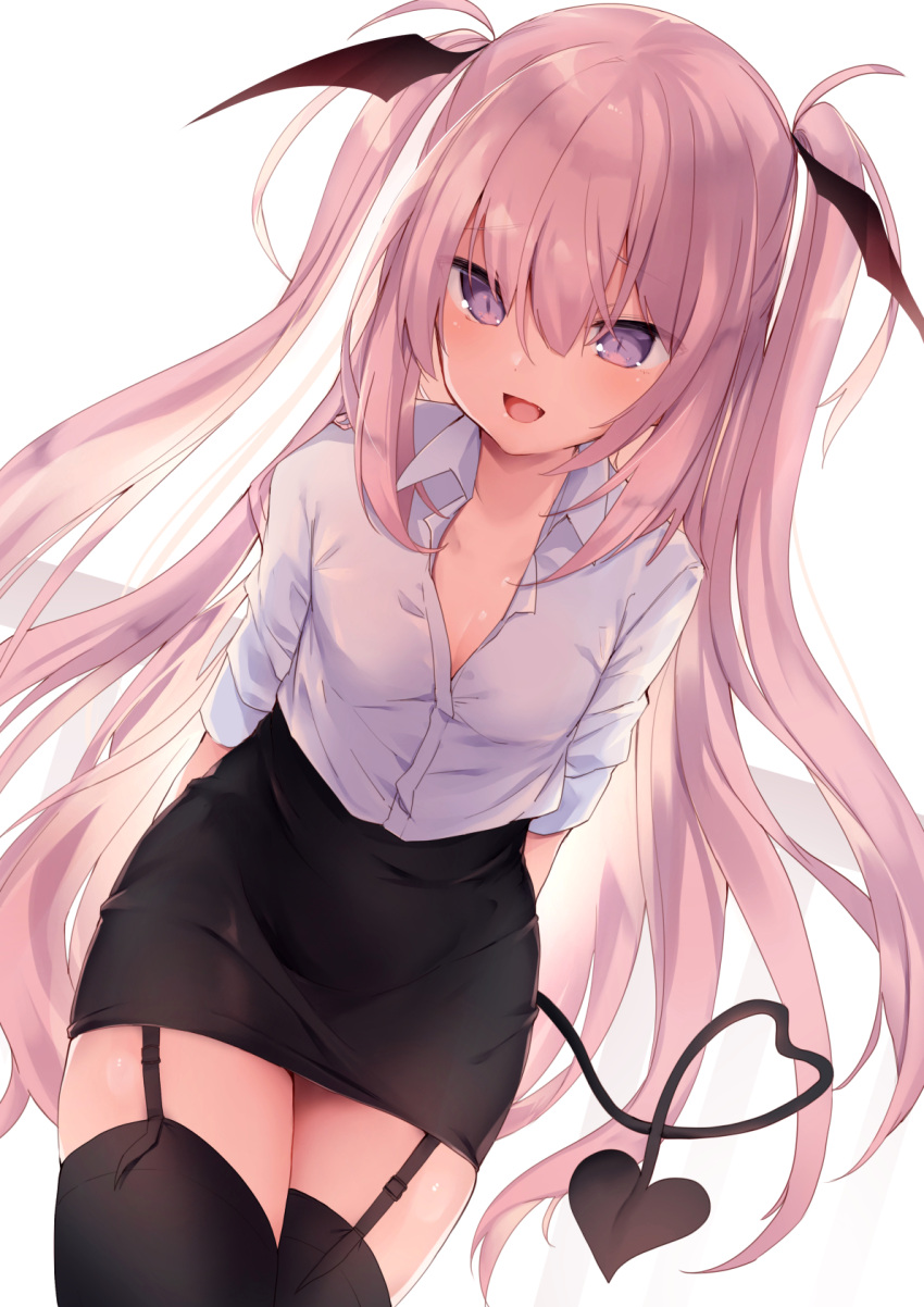 1girl, :d, backlighting, bangs, black_legwear, black_skirt, blush, breasts, cleavage, collarbone, commentary_request, cowboy_shot, demon_girl, demon_tail, eyebrows_visible_through_hair, fang, garter_straps, hair_between_eyes, head_wings, heart, heart_tail, highres, kedama_milk, long_hair, looking_at_viewer, miniskirt, open_mouth, original, pencil_skirt, pink_hair, shirt, short_sleeves, sidelocks, simple_background, skirt, slit_pupils, small_breasts, smile, solo, standing, succubus, tail, thigh-highs, twintails, very_long_hair, violet_eyes, white_background, white_shirt, zettai_ryouiki