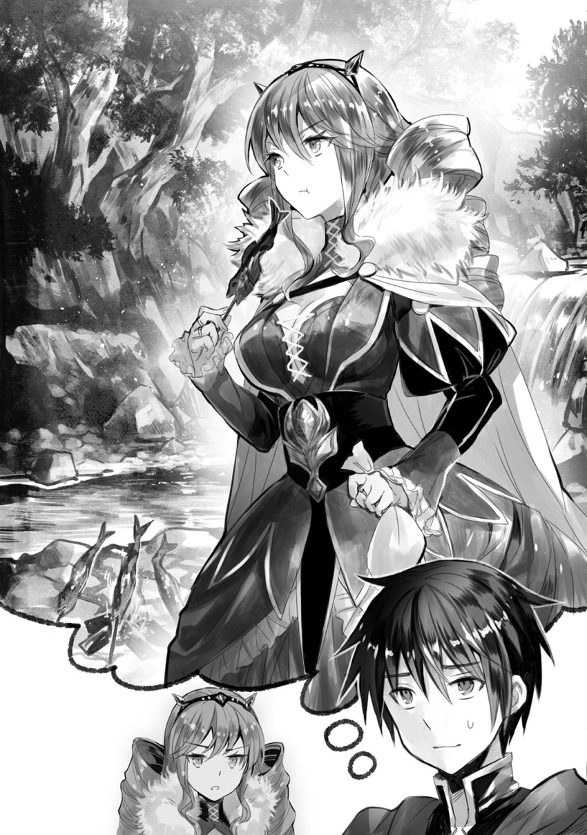 1boy, 1girl, breasts, cleavage, drill_hair, eating, forest, fuji_choko