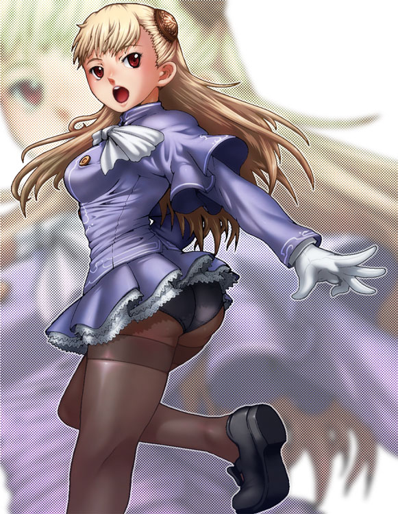 blonde_hair, blush, breasts, bun_cover, capcom, capcom_fighting_evolution, caryo, double_bun, double_buns, dress, eternal_loli, gloves, hairpods, ingrid, long_hair, miniskirt, panties, panties_under_pantyhose, pantyhose, pantyshot, red_eyes, ribbon, shirt, shoes, skirt, solo, street_fighter, tabigarasu, taupe_pantyhose, thick_thighs, underwear, upskirt, zoom_layer