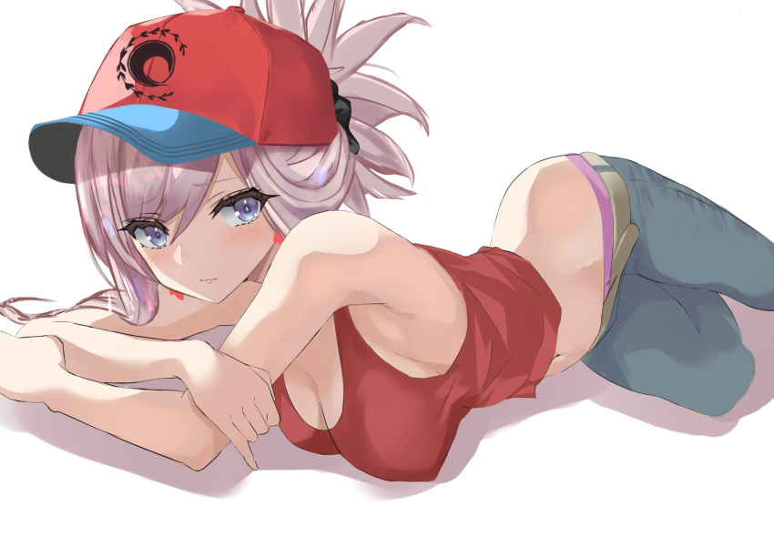 1girl, black_scrunchie, blue_eyes, breasts, cleavage, crossed_arms, earrings, eyebrows_visible_through_hair