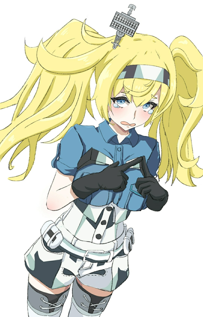 1girl, admiralkeyes, belt, blonde_hair, blue_eyes, blue_shirt, blush, breast_pocket