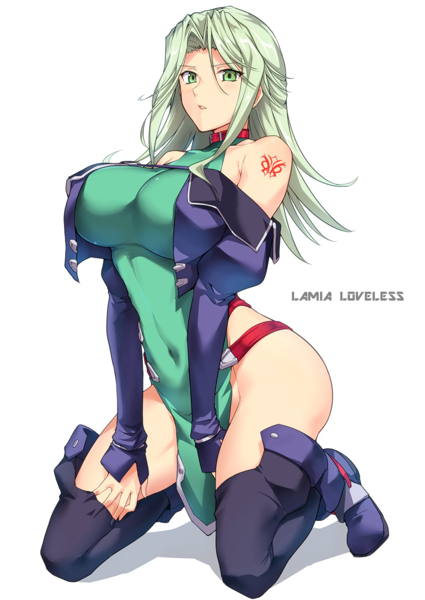 1girl, bare_shoulders, boots, breasts, character_name, collar, collarbone, covered_navel