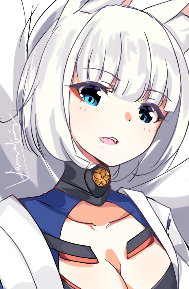 1girl, animal_ears, azur_lane, bangs, blue_eyes, blunt_bangs, cleavage_cutout, collarbone