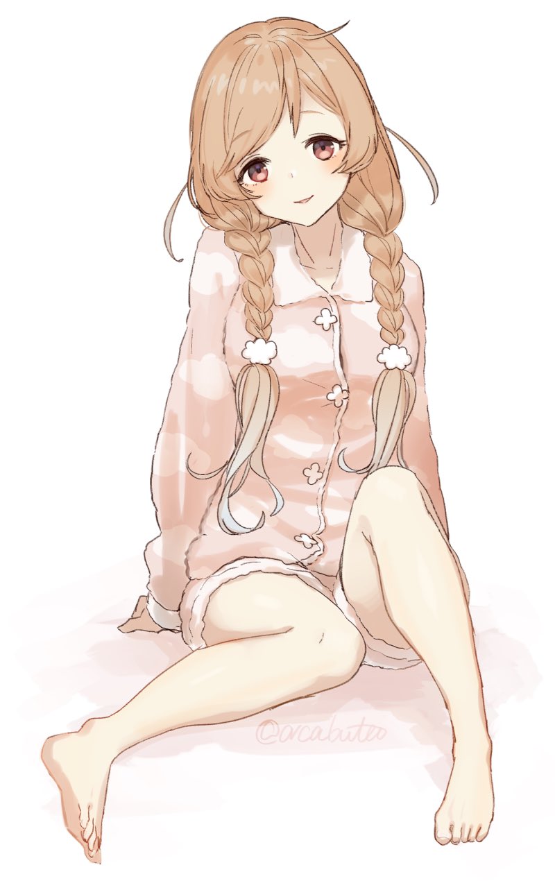 1girl, alternate_costume, barefoot, braid, cloud_hair_ornament, cloud_print, commentary_request, highres