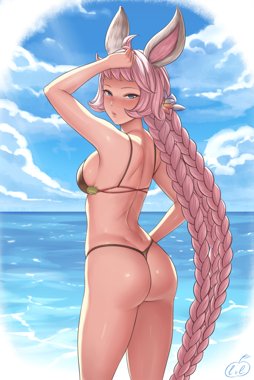 1girl, ahoge, animal_ears, arm_up, ass, back, bangs, bare_shoulders, beach, bikini, black_bikini, blue_eyes, blue_sky, blush, braid, breasts, clouds, day, erune, esser, flower, granblue_fantasy, hair_flower, hair_ornament, highres, large_breasts, lips, long_hair, looking_at_viewer, looking_back, lvl_(sentrythe2310), outdoors, pink_hair, shoulder_blades, sideboob, skindentation, sky, solo, standing, swimsuit, thong_bikini, twin_braids, very_long_hair