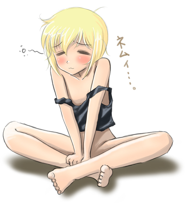 bad_id, bare_shoulders, barefoot, blonde_hair, blush, bottomless, chiaki_lsd, closed_eyes