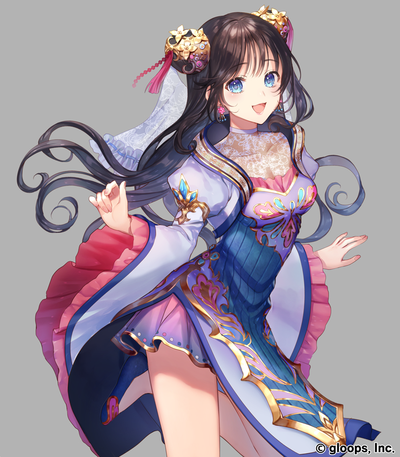 1girl, :d, bangs, black_hair, blue_eyes, blue_footwear, breasts, bun_cover
