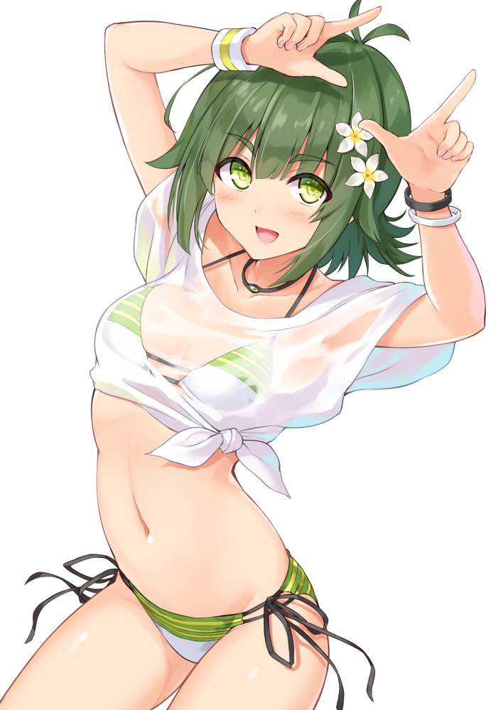 1girl, :d, antenna_hair, arms_up, bangle, bangs, bikini, blush