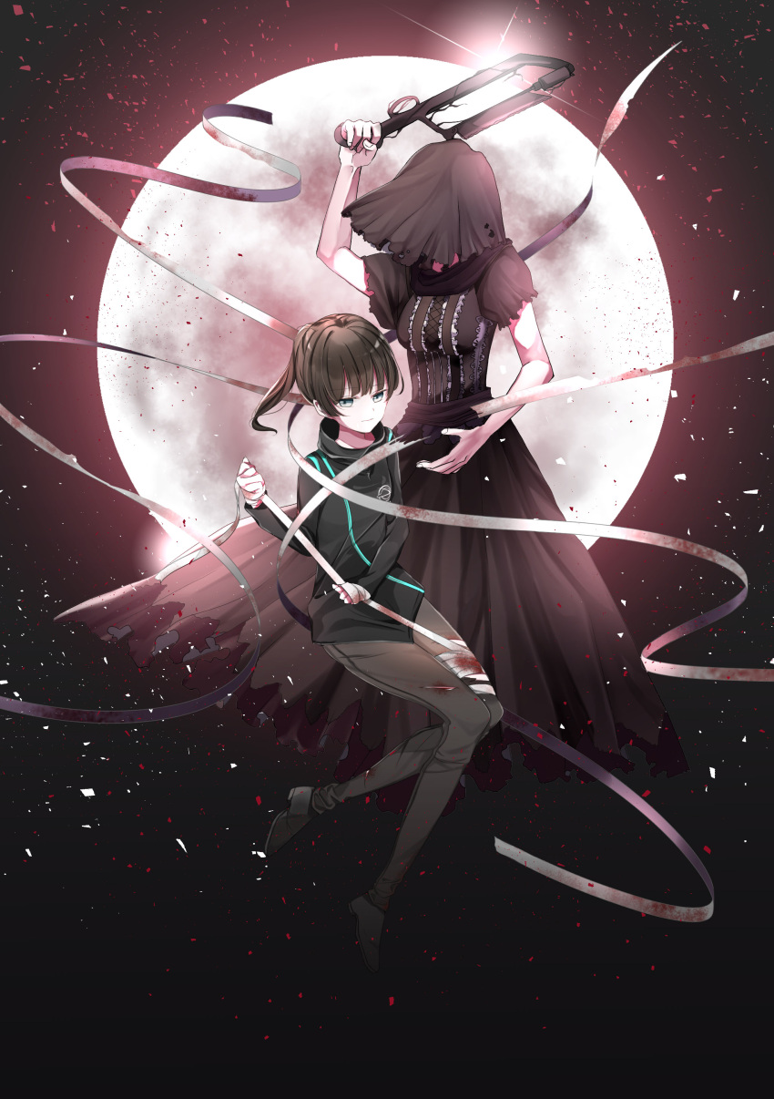 2girls, absurdres, arm_up, bandage, bandaged_hands, bandaged_leg, bandages, bare_arms