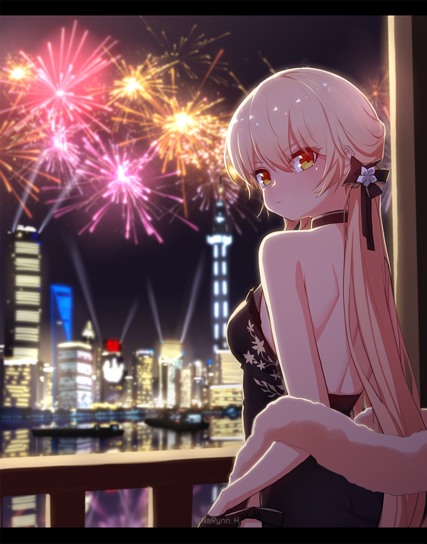 1girl, aerial_fireworks, back, backless_dress, backless_outfit, backlighting, bangs, bare_shoulders