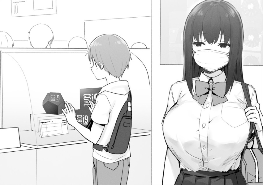 1boy, 1girl, age_difference, breasts, commentary_request, face_mask, greyscale, huge_breasts