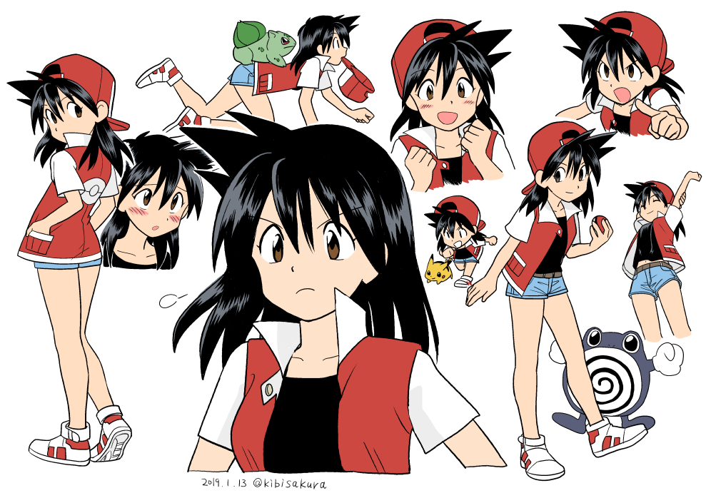 1girl, black_hair, blush, brown_eyes, bulbasaur, collarbone, creatures_(company), dated