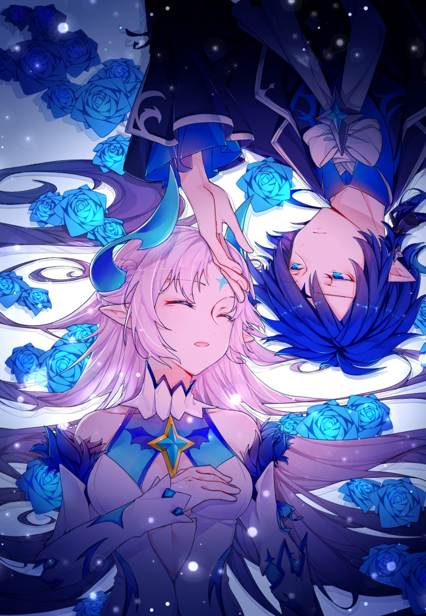 1boy, 1girl, absurdres, bare_shoulders, blue_hair, chevalier_(elsword), demon, elsword