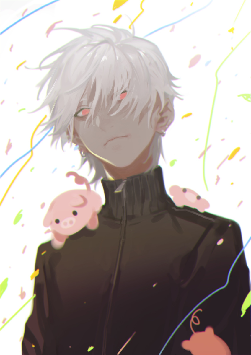1boy, absurdres, albino, animal, animal_on_shoulder, backlighting, bangs, black_track_suit