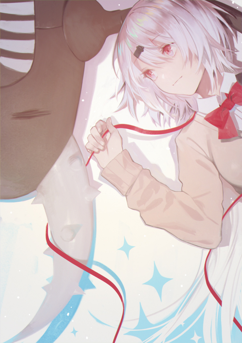 1girl, abstract_background, absurdres, beige_cardigan, bow, bowtie, cardigan, collared_shirt