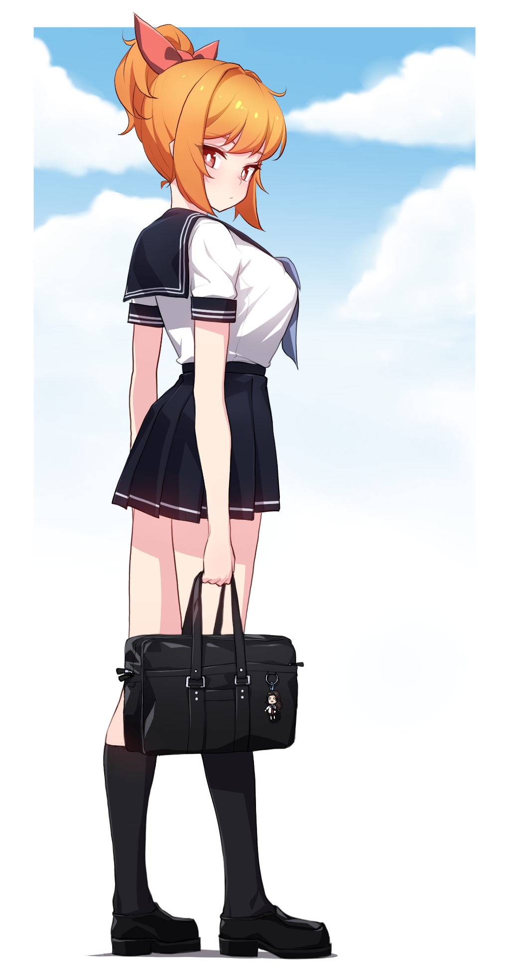 1girl, bag, black_footwear, black_legwear, black_skirt, breasts, bright_pupils, closed_mouth