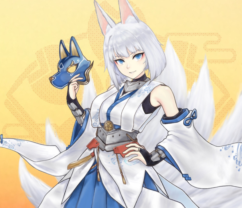 1girl, animal_ears, azur_lane, bangs, blue_eyes, blunt_bangs, detached_sleeves, eyeshadow