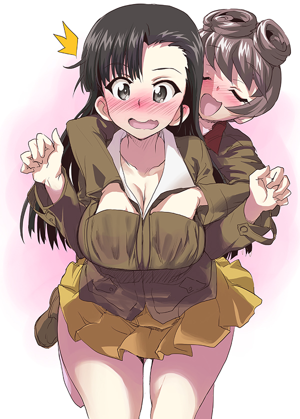 /\/\/\, 2girls, arms_around_neck, asymmetrical_bangs, bangs, blush, breast_grab, breasts