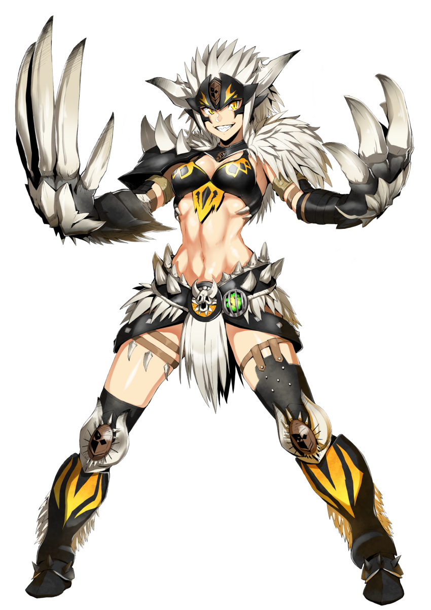 1girl, absurdres, belt_buckle, black_legwear, boots, breasts, buckle, clawed_gauntlets