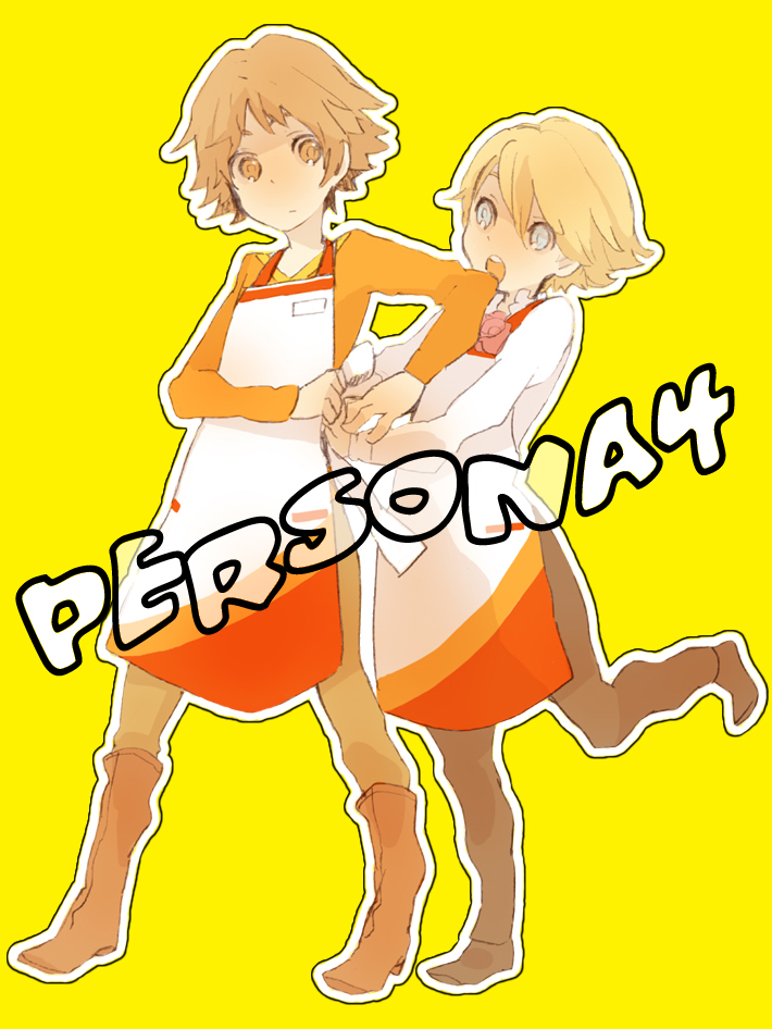 apron, bad_id, blonde_hair, blue_eyes, boots, brown_hair, hagiko, hanamura_yousuke