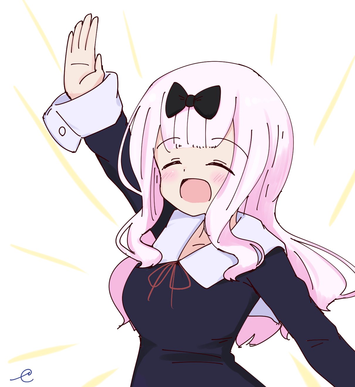 1girl, :d, ^_^, arm_up, bangs, black_dress, blush, breasts