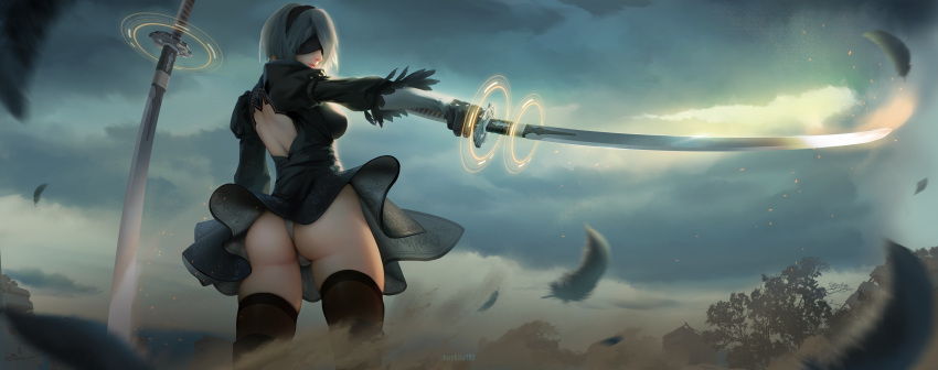 1girl, absurdres, arm_at_side, artist_name, ass, back, back_cutout, bangs