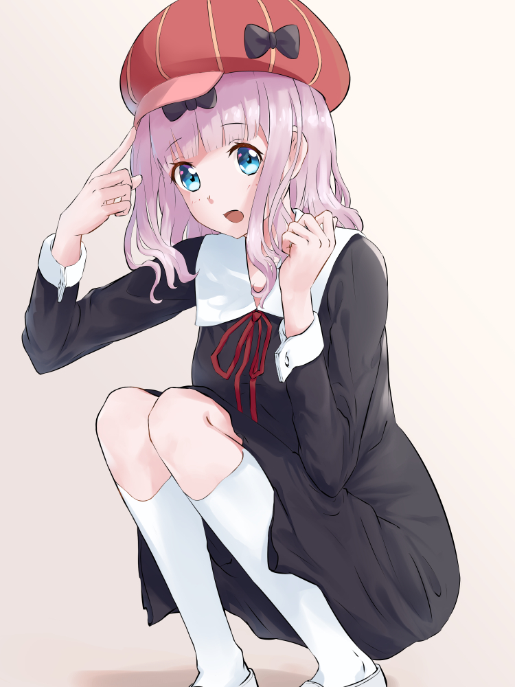 1girl, black_bow, blue_eyes, bow, cabbie_hat, chikattochikachika_(kaguya-sama_wa_kokurasetai), commentary, fujiwara_chika