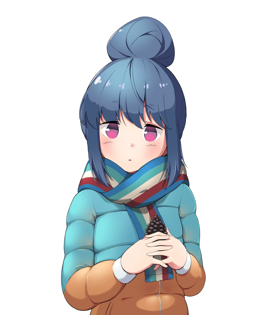 1girl, absurdres, blue_hair, commentary, hair_bun, highres, holding, jacket