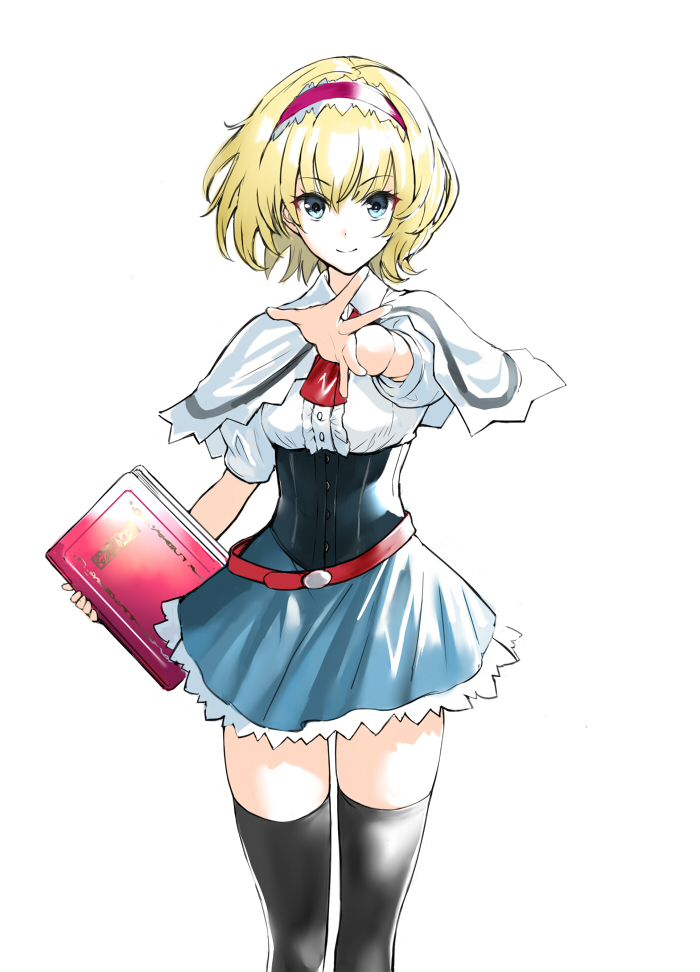 1girl, alice_margatroid, aqua_eyes, bangs, belt, black_legwear, blonde_hair, blue_skirt